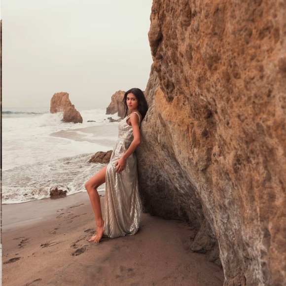 MAC DUGGAL
Metallic Sequined Plunge Neck Gown silver/gold size 6 NWT - Picture 3 of 15